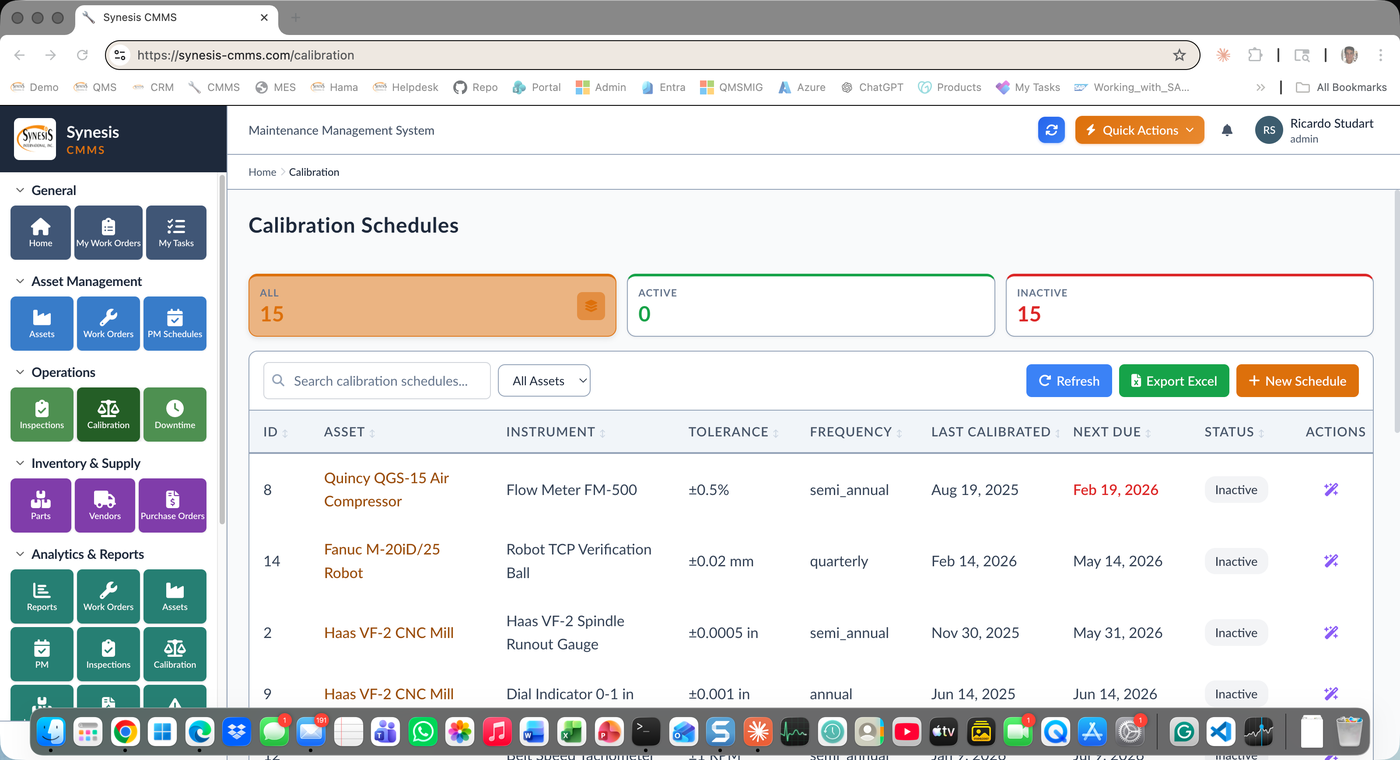 Synesis CMMS Calibration Schedules list with asset, instrument, tolerance, frequency, and next due date