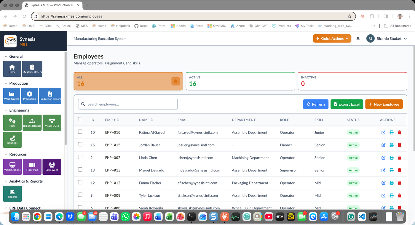 Synesis MES Employees list with role, skill, department, and active status