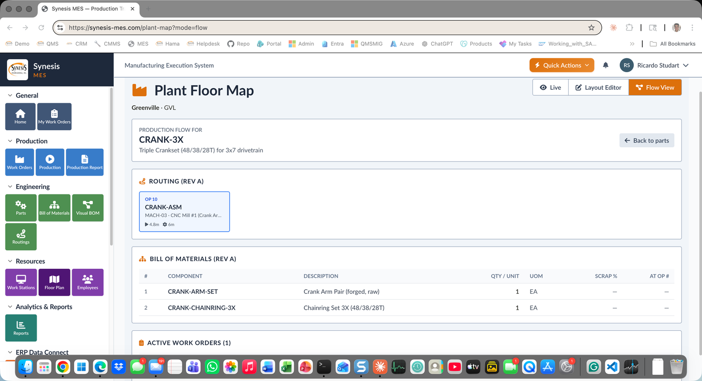 Synesis MES Plant Floor showing live routing, BOM, and work orders linked to ERP master data