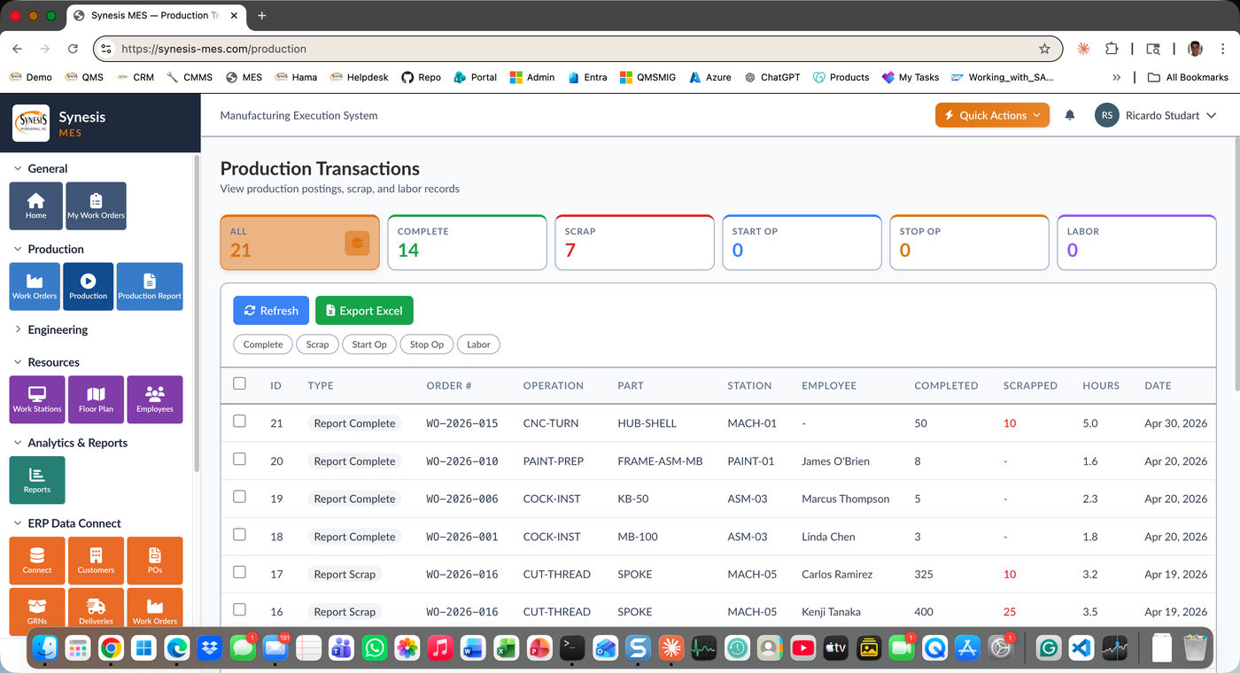 Synesis MES Production Transactions list with completion, scrap, and labor records