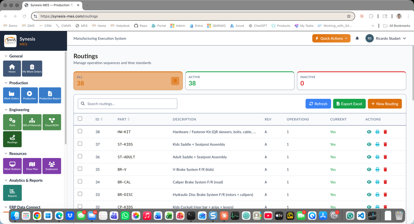 Synesis MES Routings list with revision, operations count, and active status
