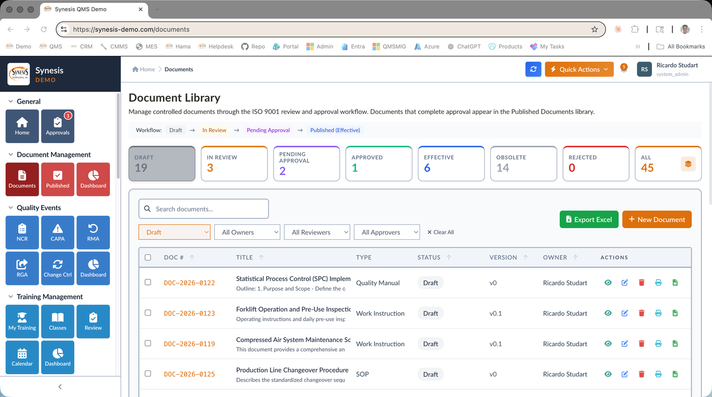 Synesis QMS Document Library with status workflow and review/approval lifecycle
