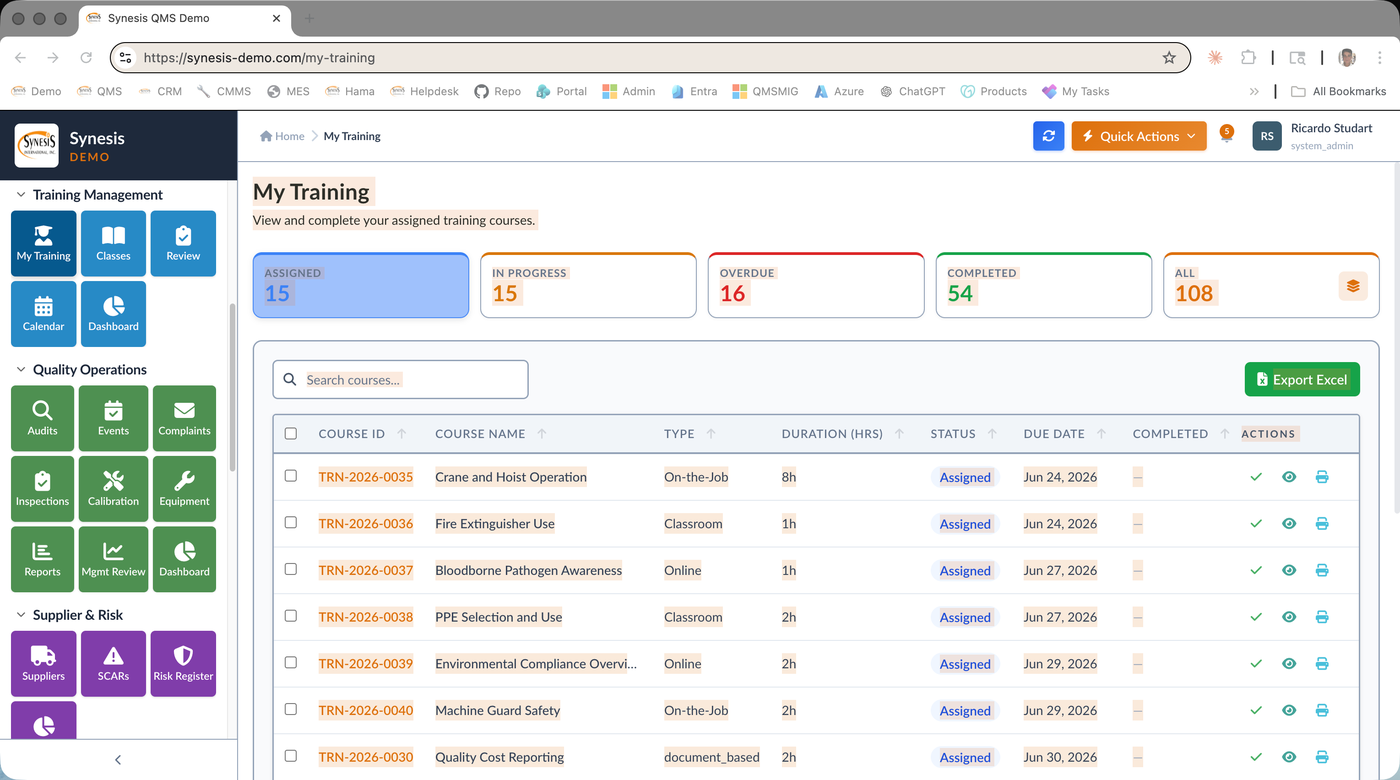 Synesis QMS My Training view showing assigned, overdue, and completed training