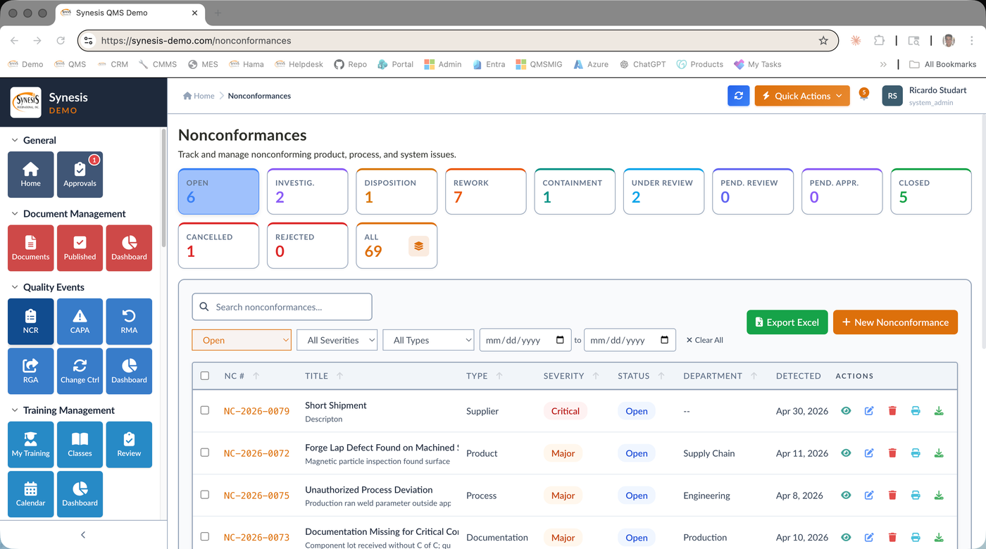 Synesis QMS Nonconformances list with status filters and severity tracking